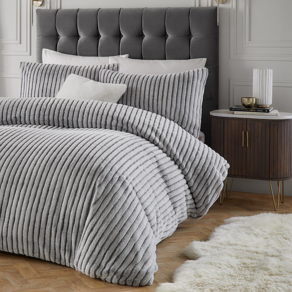 image 1 of Paoletti Alpine Striped Faux Fur Duvet Cover Set | Grey | Grey | King