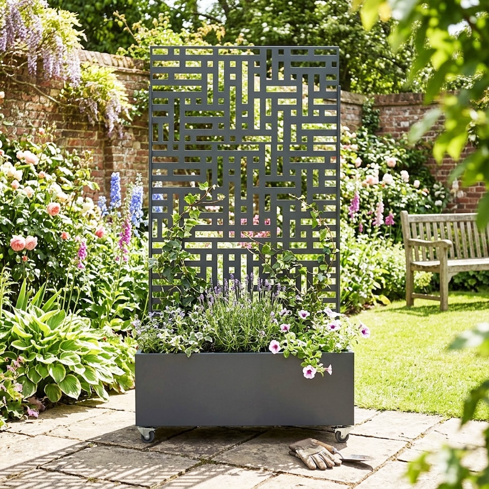 image 1 of Nicoman Metal Outdoor Privacy Screen Panel with Planter | Grey | Grey | 1