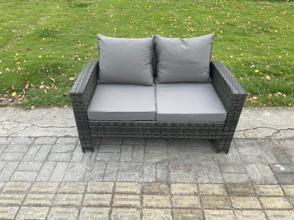 image 1 of Fimous Dark Grey 6 Seater Outdoor Rattan Garden Furniture Set Patio Love Sofa Rectangular Coffee Table Set