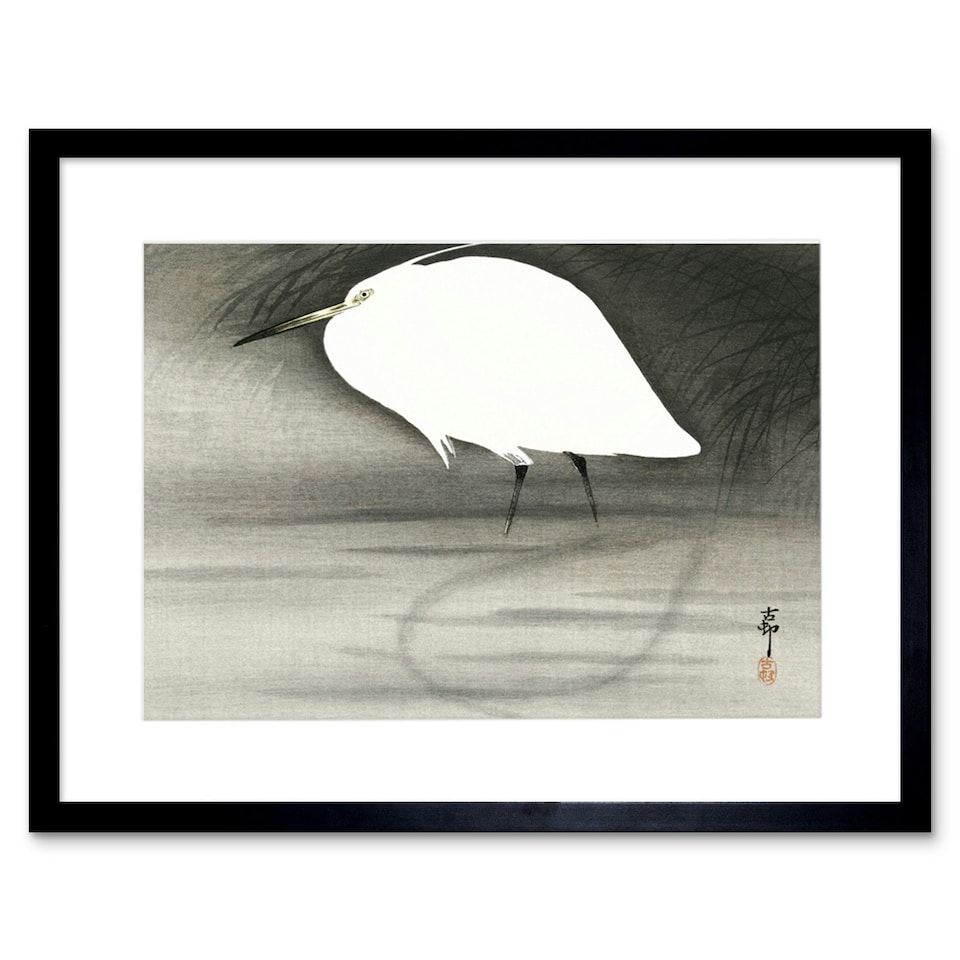 image 1 of Ohara Koson Egret Bird Painting Japanese Art 9x7" Black Framed Wall Art Print