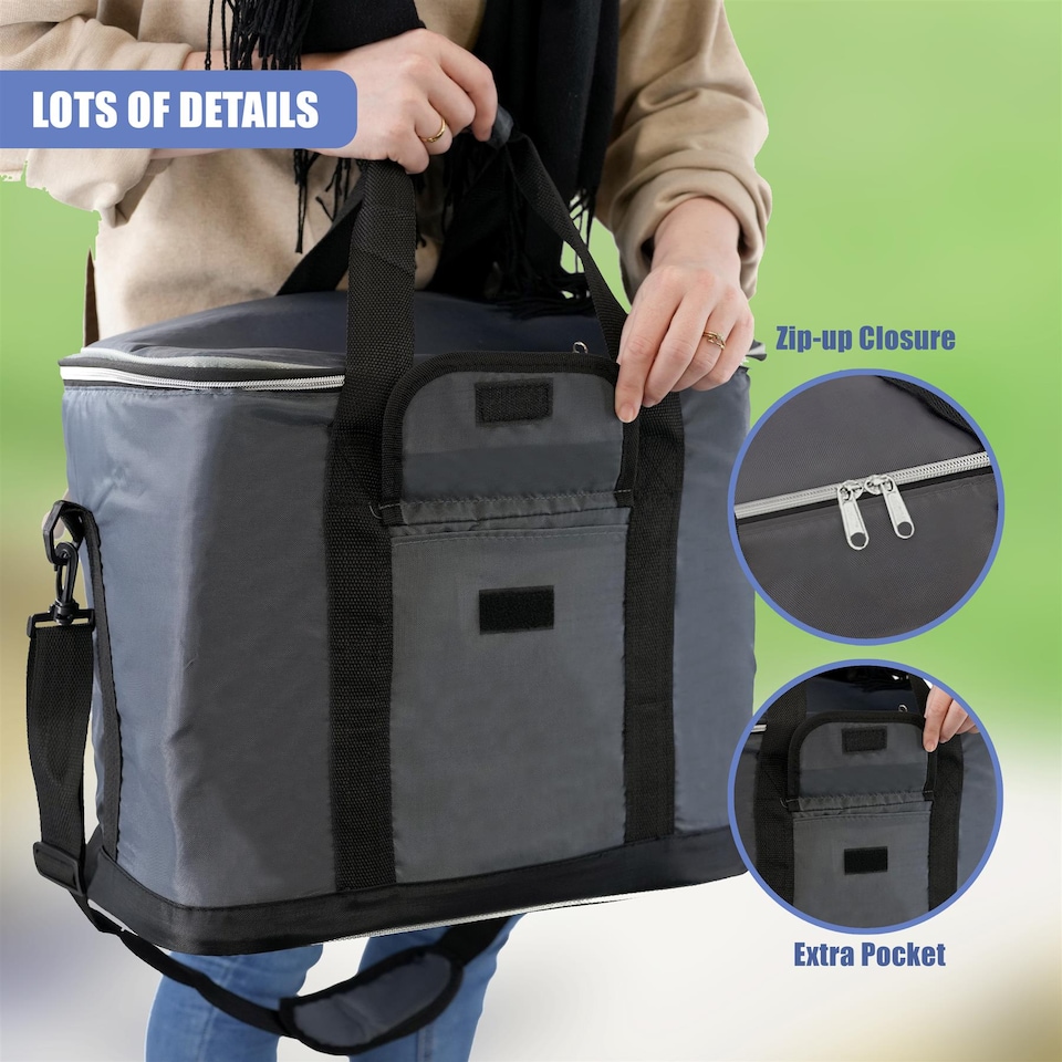 image 1 of GEEZY Zip Up Cooler Bag Insulated Picnic Food Carrier Grey 30L
