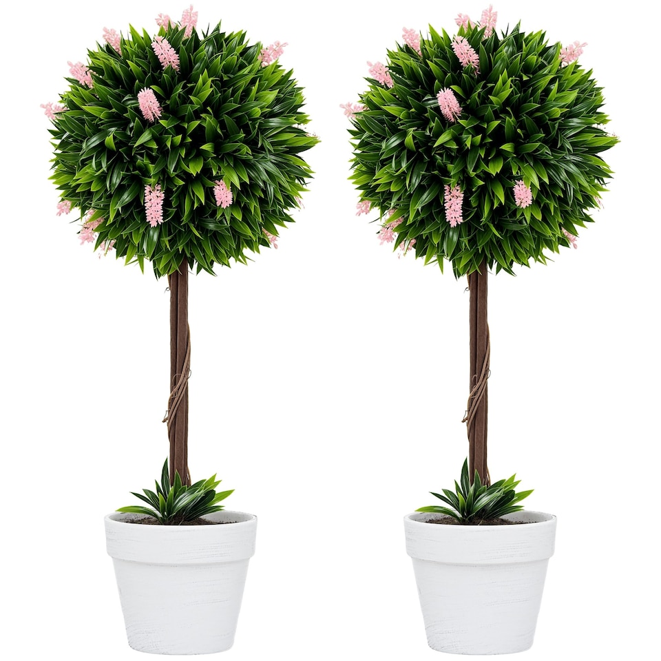 image 1 of HOMCOM Set of 2 Potted Artificial Plants Ball Tree with Flowers, Pink