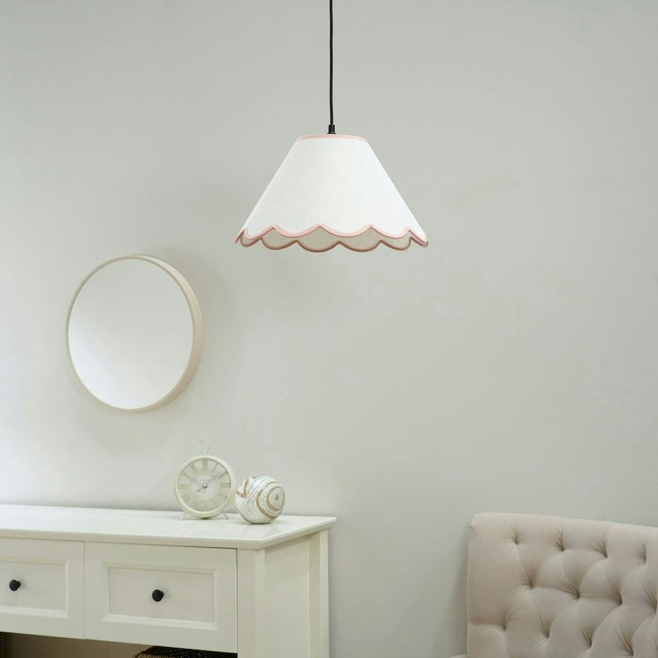 image 1 of ValueLights Florie Natural Linen Large Tapered Lamp Shade with Scallop Pink Trim