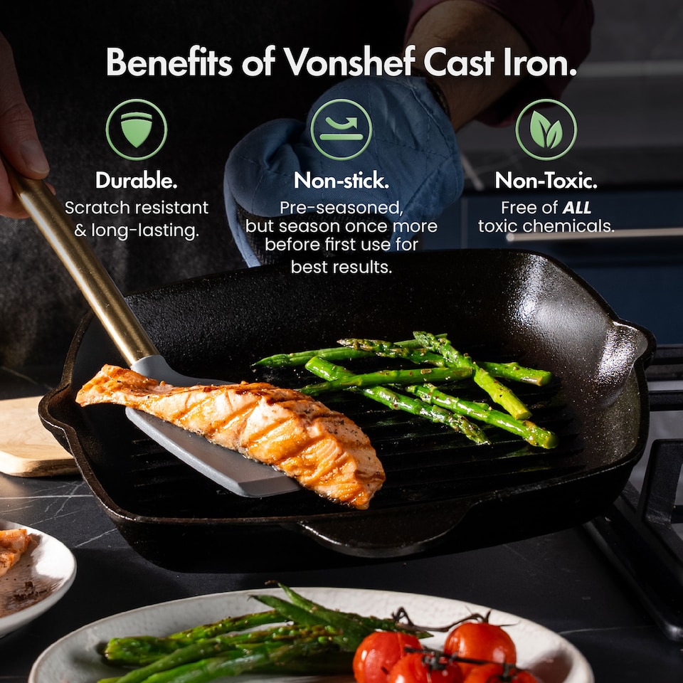 image 1 of VonShef Cast Iron Griddle Pan 10" Pre-Seasoned Non-Stick