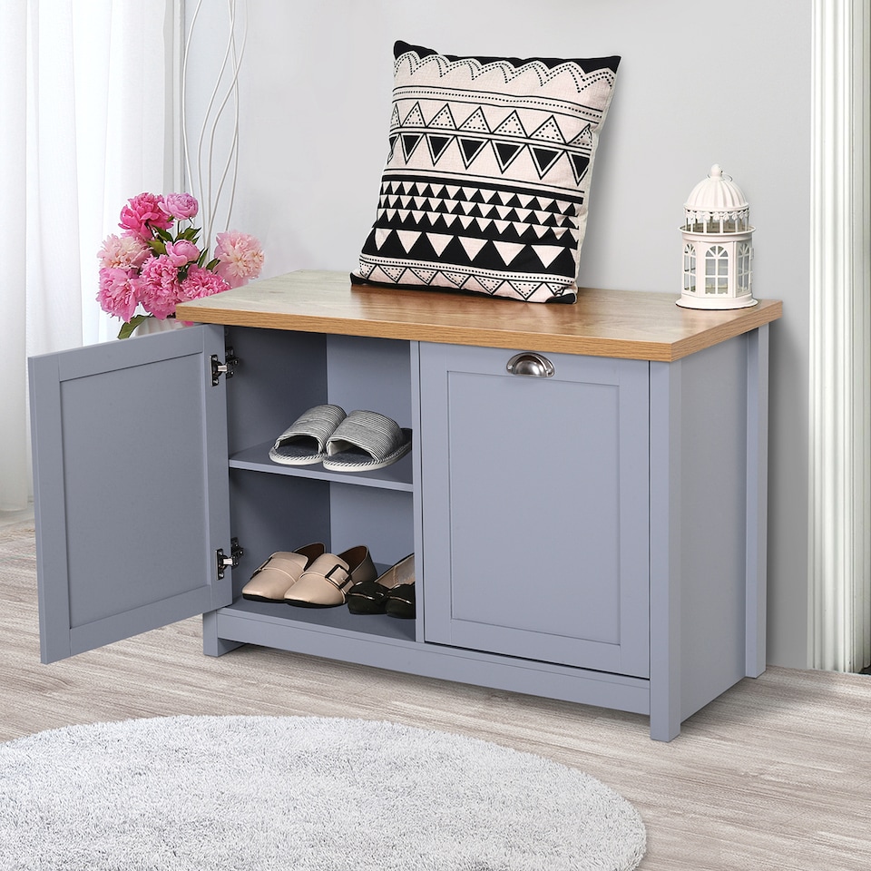 image 1 of HOMCOM Shoe Cabinet, Modern Shoe Bench with 2 Doors for Hallway, Entryway, Grey