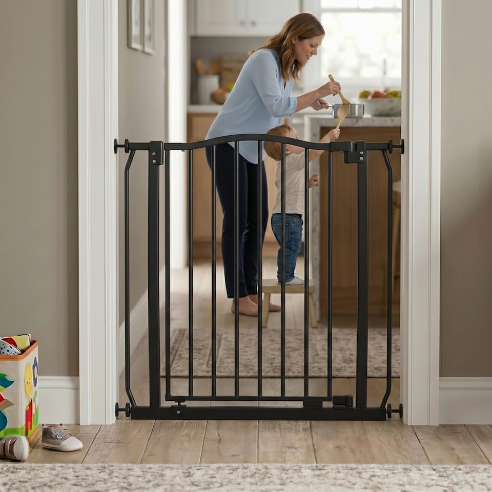 image 1 of Safetots Extra Tall Curved Top Safety Gate, 134cm - 143cm, Matt Black, Extra Tall 100cm in Height, Pressure Fit Stair Gate, Baby Gate for Doors Hallways and Spaces, Safety Barrier, Easy Installation