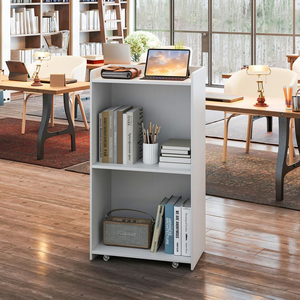 image 1 of COSTWAY Rolling Lectern Stand Desk with 2 Storage Shelves White