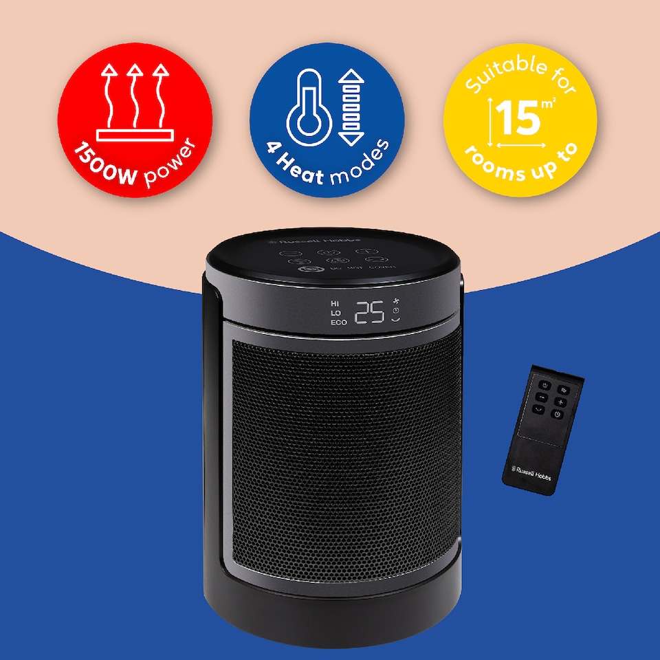 image 1 of Russell Hobbs RHCH2002S Space Heater in Black & Silver Round 1500W Portable Electric Heater