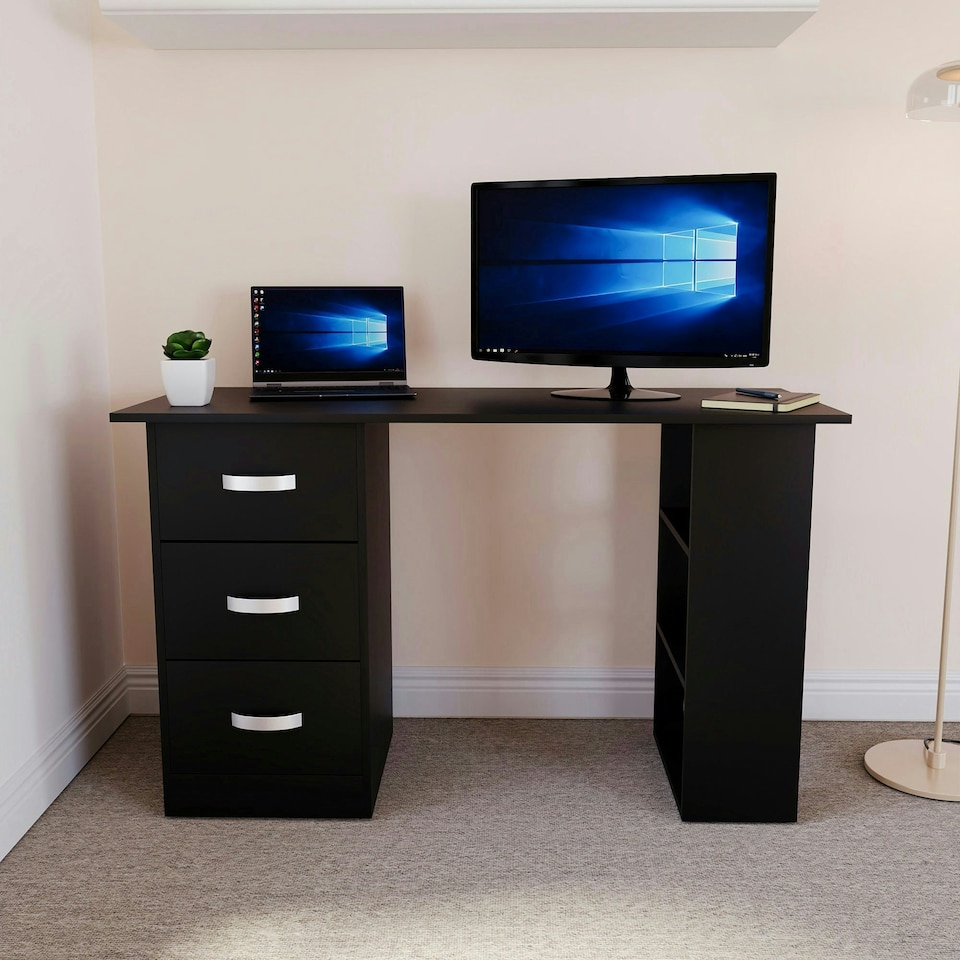 image 1 of Vida Designs Mason 3 Drawer 3 Shelf Computer Desk Home Office Workstation, Black