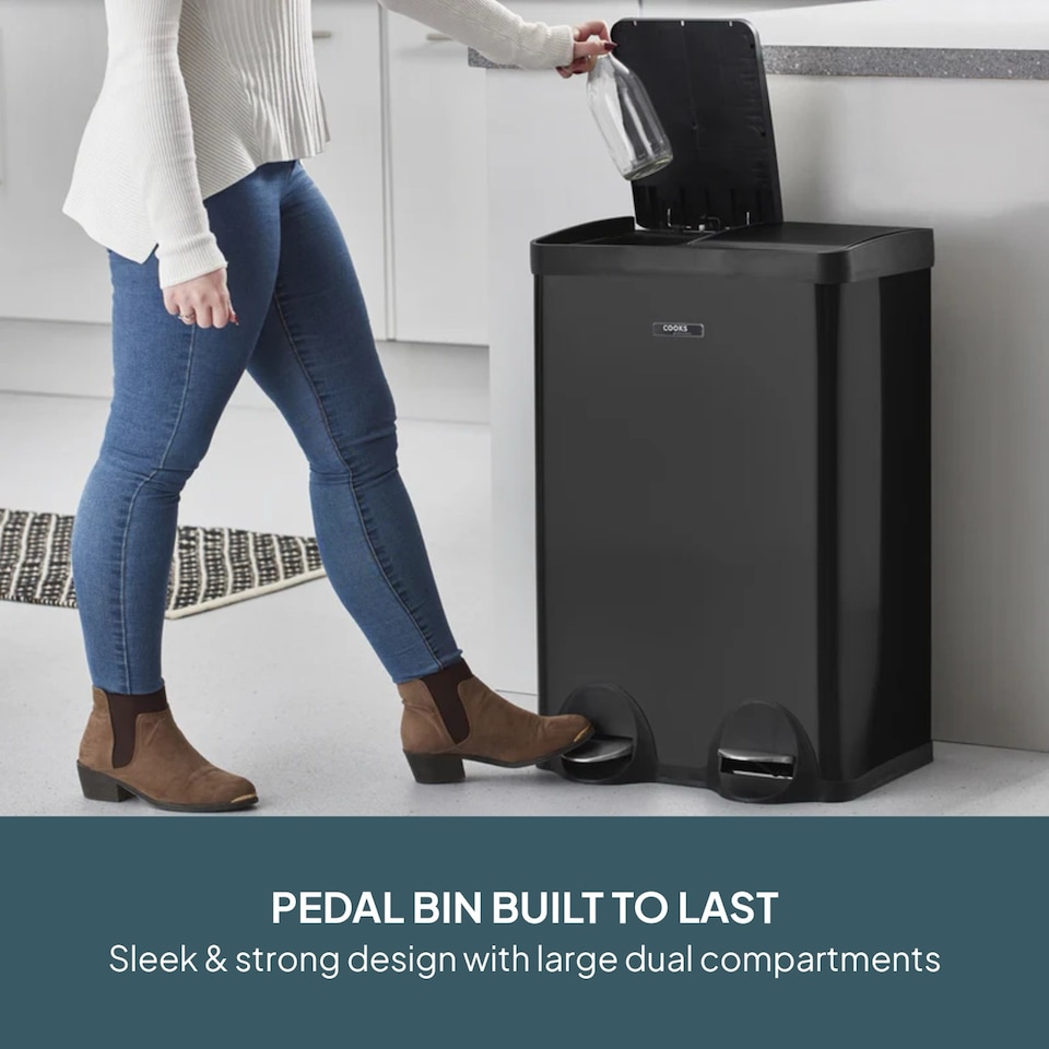 image 1 of Cooks Professional Dual Pedal Recycle Bin 60L with 2 x Compartments & Soft Close Lids | Black
