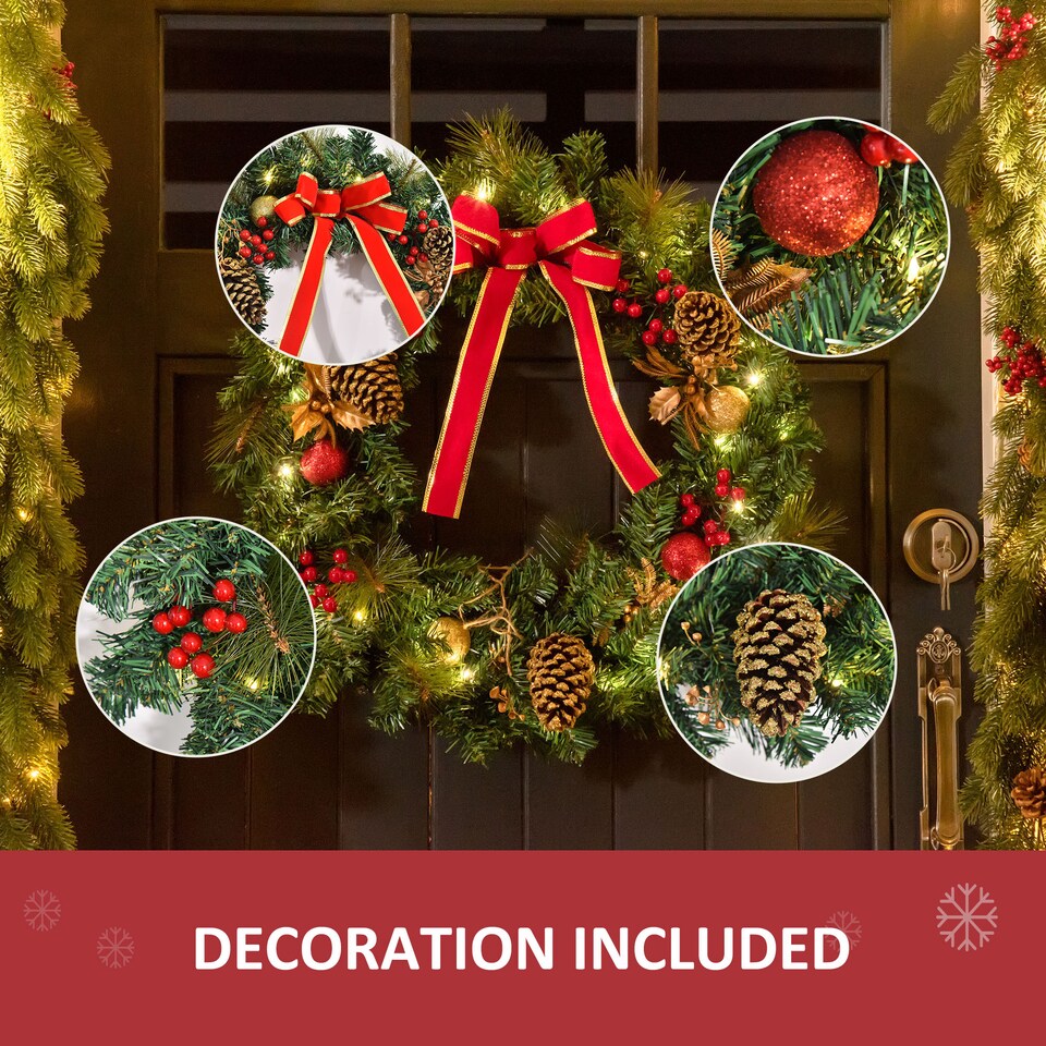 image 1 of HOMCOM Pre-Lit Artificial Christmas Door Wreath Holly Garland Decor 20 LED
