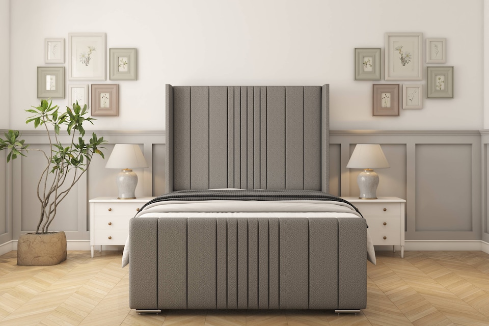 image 1 of Sloomy Hargrave Pewter Dumfries Bed Frame With Mattress With 50"  Upholstered Wingback Headboard 4' Small Double