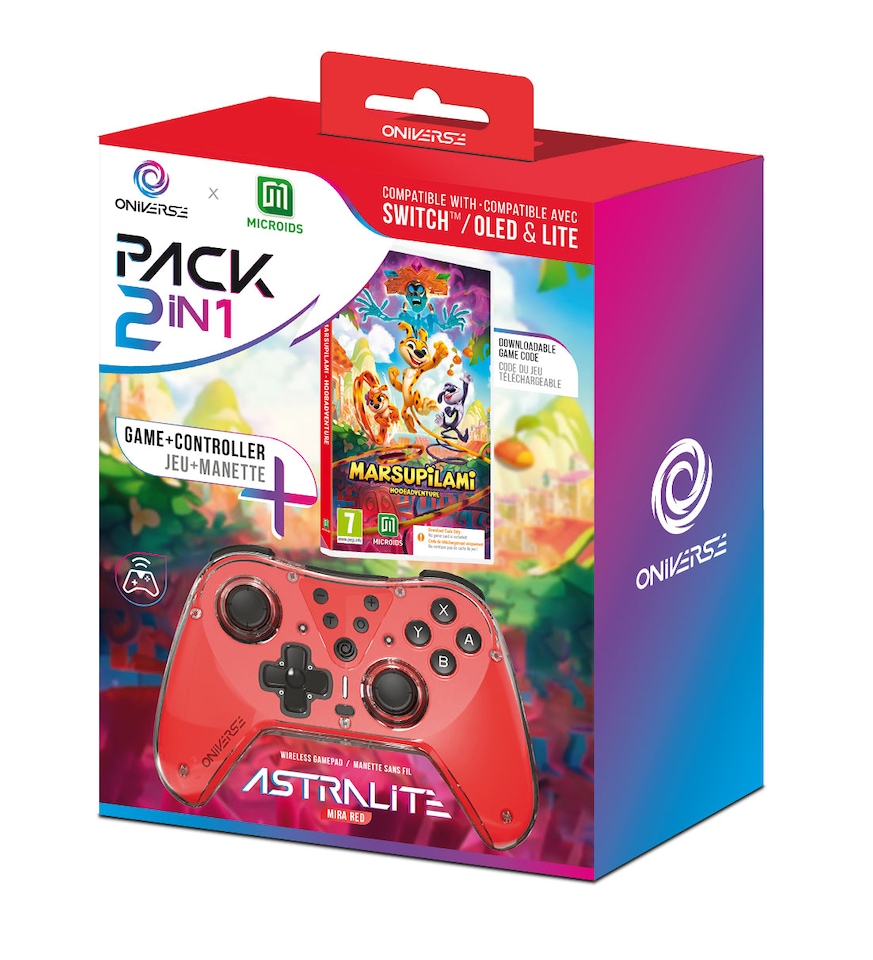 image 1 of Astralite Red Wireless Bluetooth Controller with Marsupilami Hoobadventure for Nintendo Switch