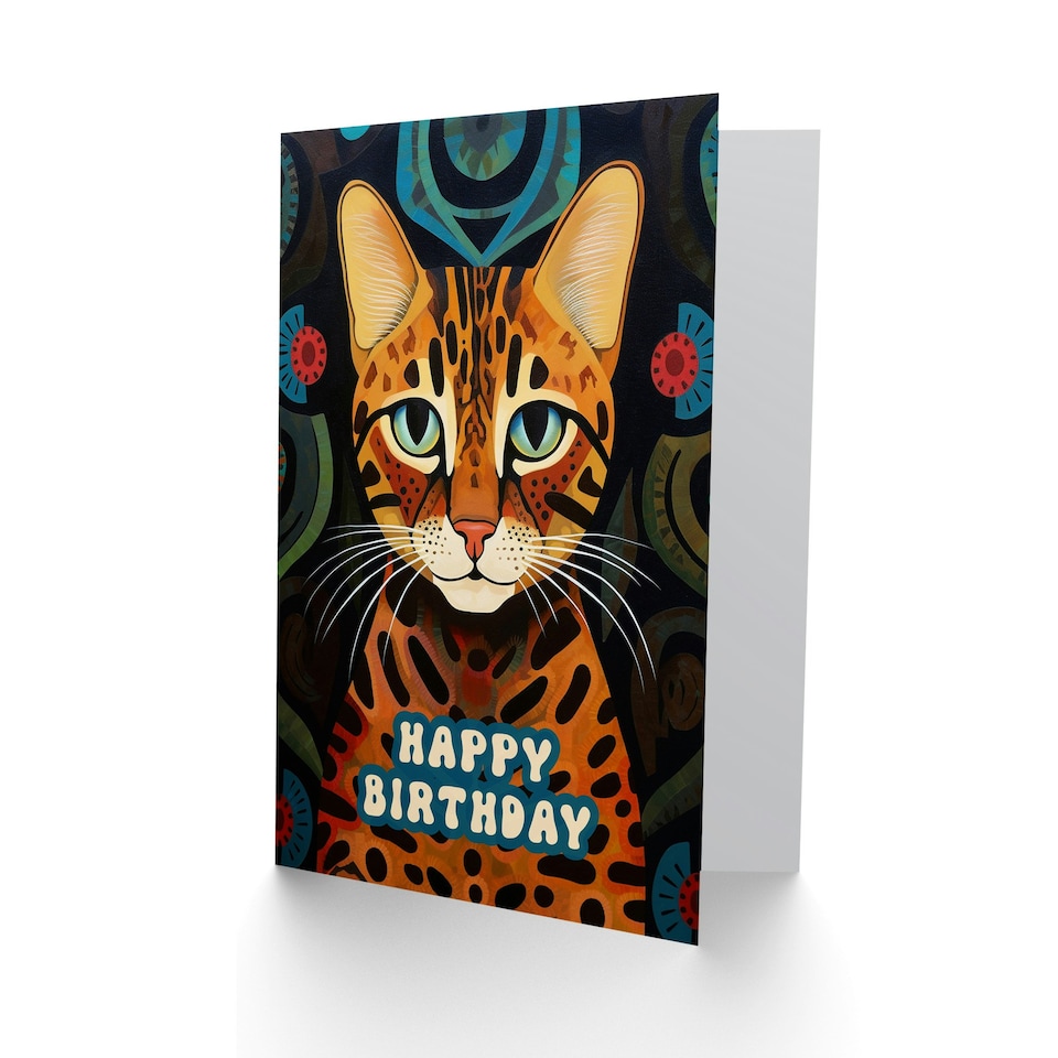 image 1 of Cat Lover Bengal Cat With Abstract Floral Pattern Greeting Card