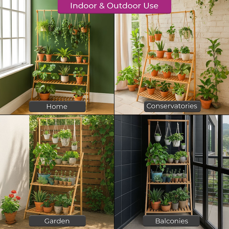 image 1 of Neo 3‑Tier Foldable Indoor & Outdoor Bamboo Plant Stand with Hanging Hook