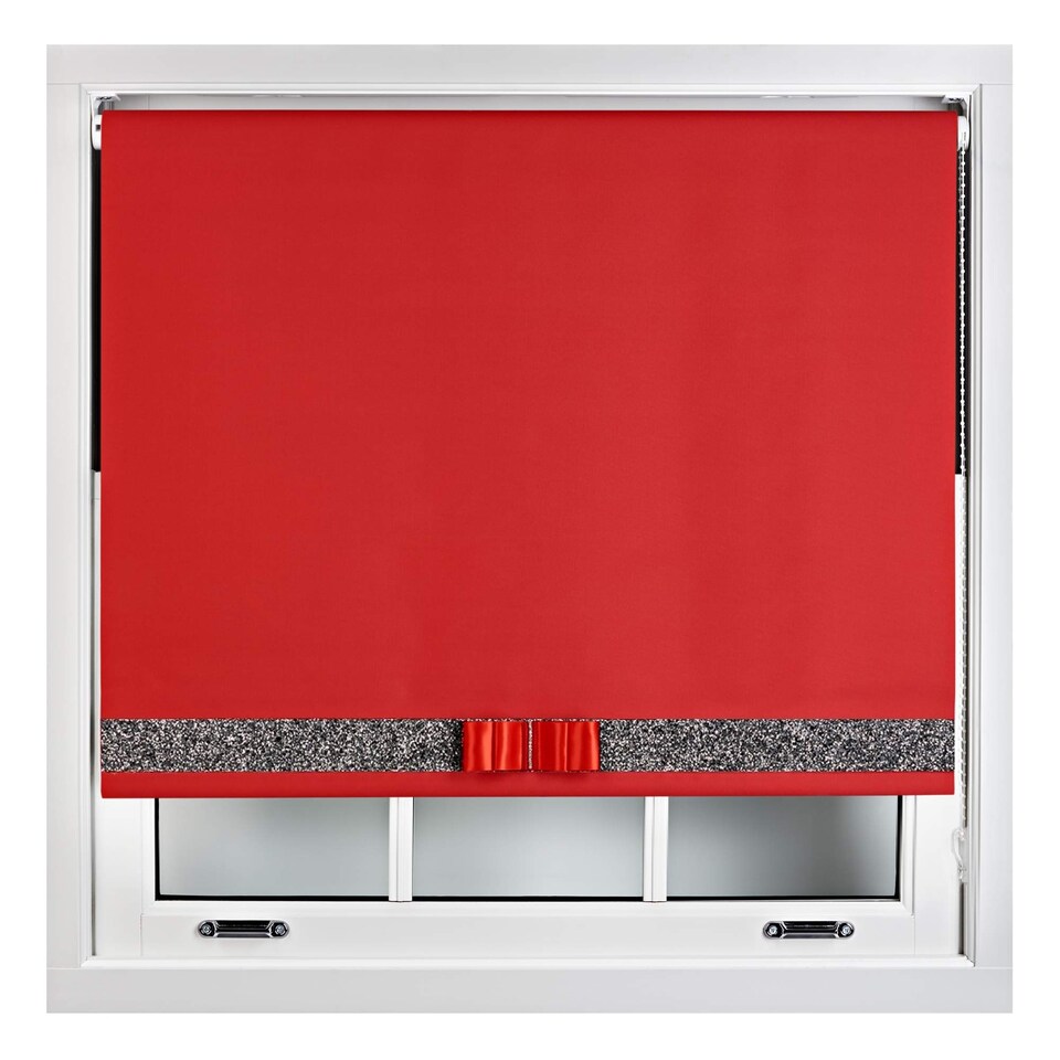 image 1 of FURNISHED Blackout Roller Blind with Black Glitter Trim and Red Bow Trimmable Window Shade | Red | Red | (W) 90cm x (L) 210cm