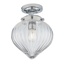 Cheston Semi Flush Ceiling Light Chrome, Clear Ribbed Glass Globe Shade, IP44