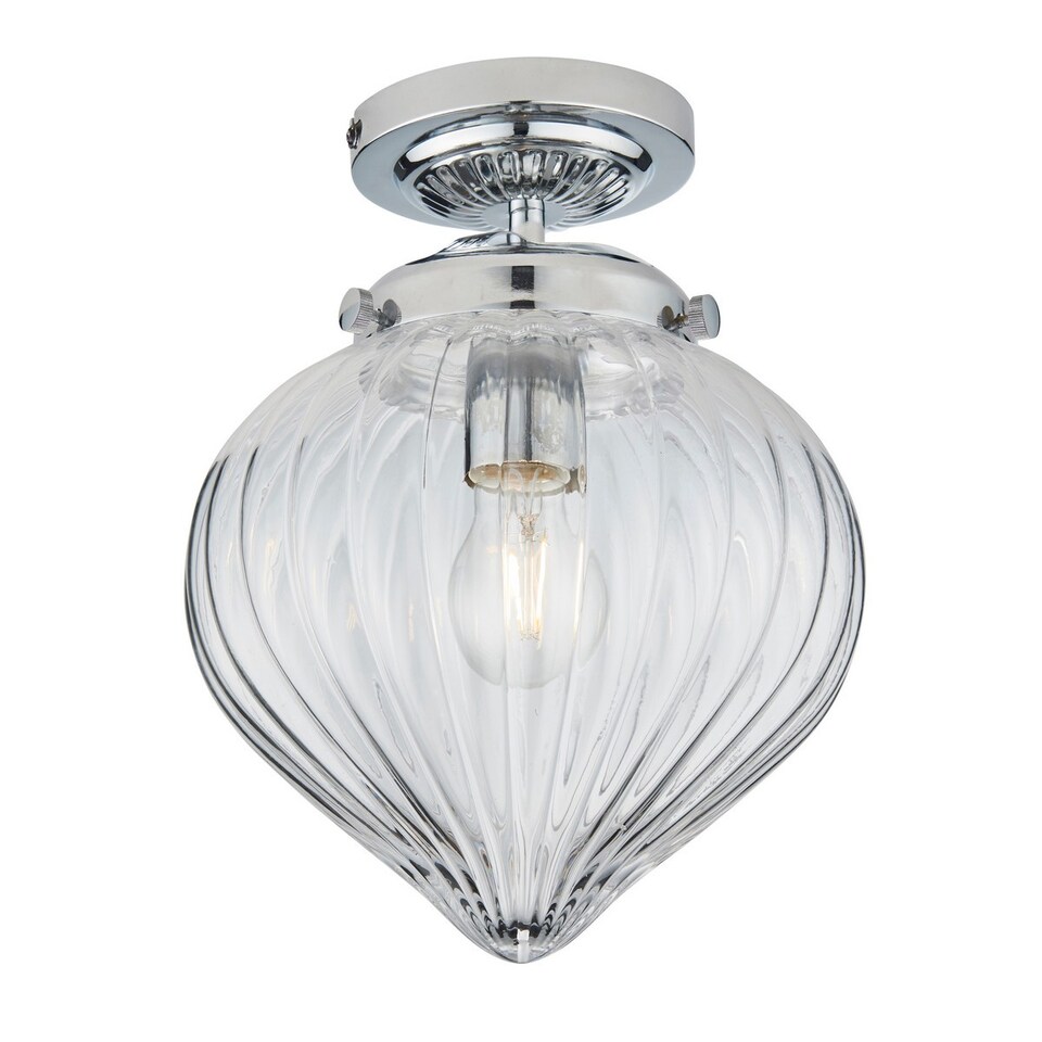 image 1 of Cheston Semi Flush Ceiling Light Chrome, Clear Ribbed Glass Globe Shade, IP44