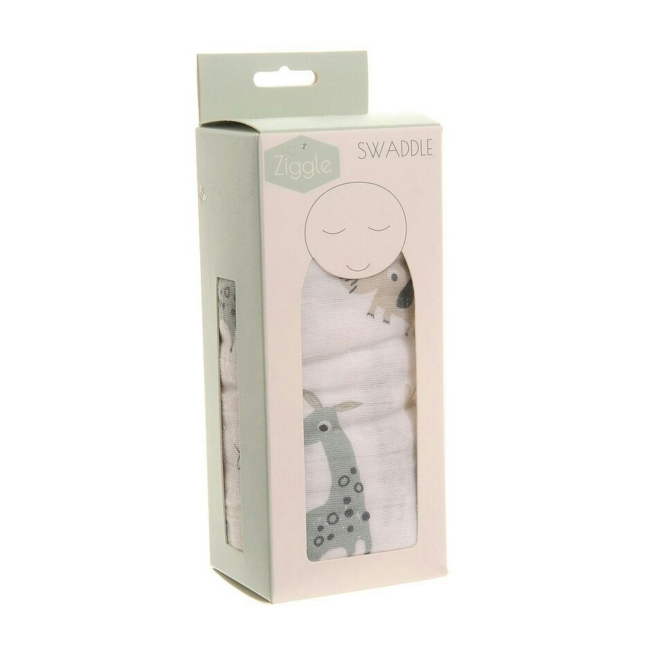 image 1 of Ziggle Baby Cotton Muslin Swaddle Wrap - Grey Giraffe & Elephants