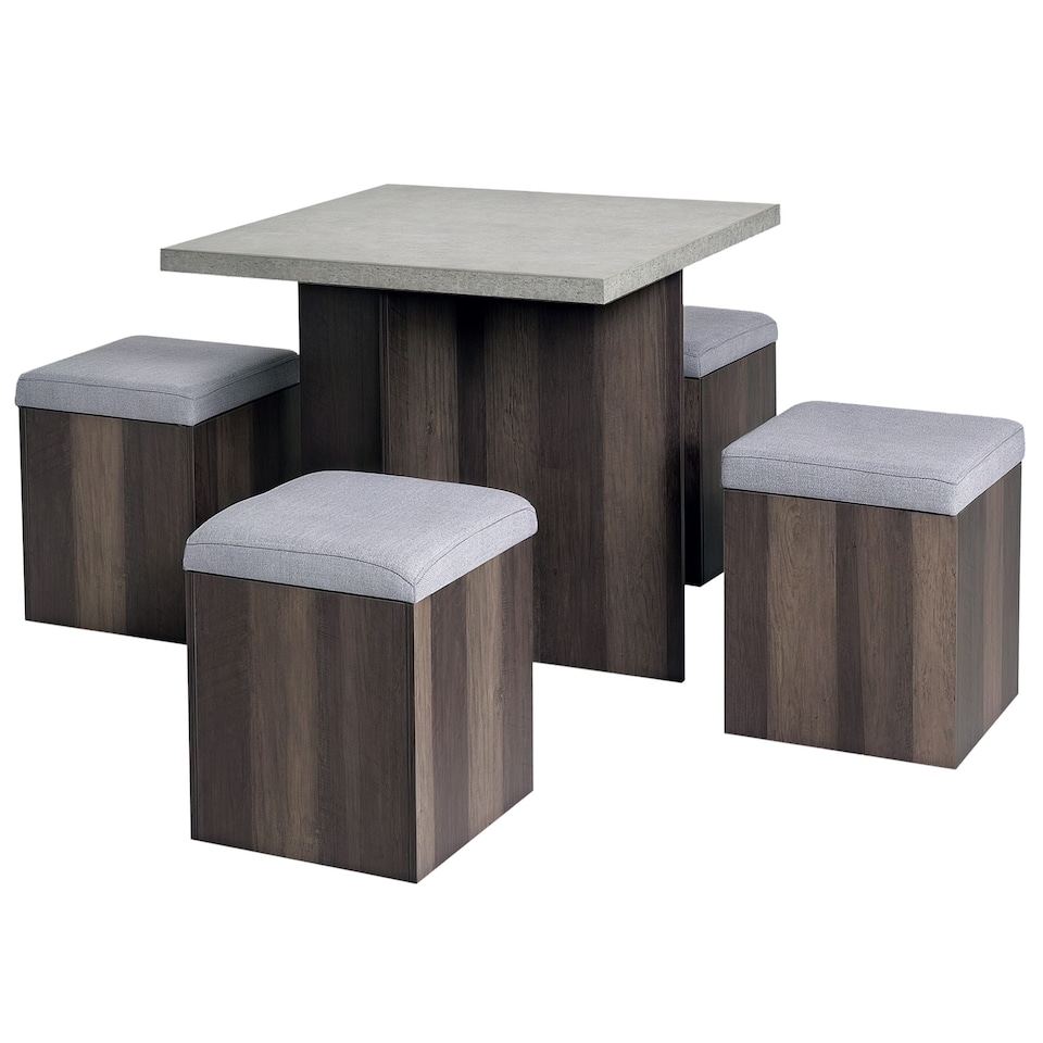 image 1 of HOMCOM 5PC Dining Set Garden Patio Wooden Set 4 Storage Stools Footrest Ottoman with Cushions Table Space Saving Design Indoor Outdoor