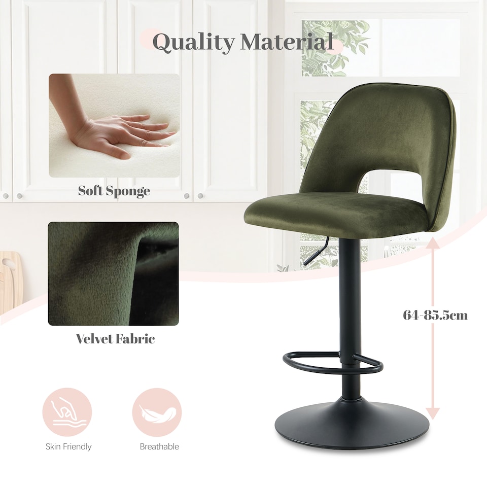 image 1 of SONARA Set of 1 Adjustable Velvet Upholstered Breakfast Bar Stools | Green