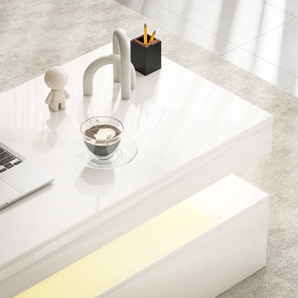 image 1 of HOMCOM LED Coffee Table with Storage, Modern High Gloss Living Room Table with 2 Drawers, Open Shelf and Remote Control, White