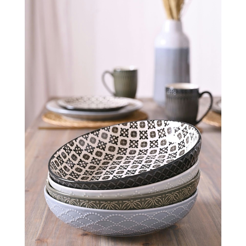 image 1 of Set of 4 Tile Pattern Pasta Bowls Multi | Blue, Grey, Black