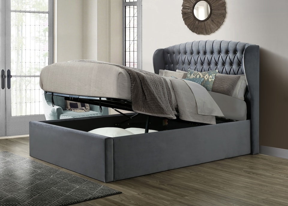 image 1 of Warwick Grey Velvet Ottoman Bed And Majestic 1000 Pocket Sprung Mattress King Size | Grey