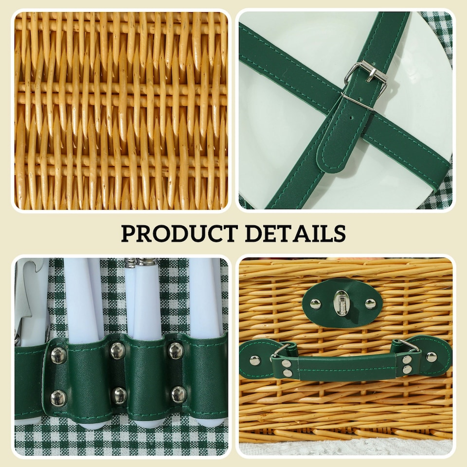 image 1 of Outsunny Wicker Picnic Basket for 2 w/ Insulated Cooler Bag, Light Brown