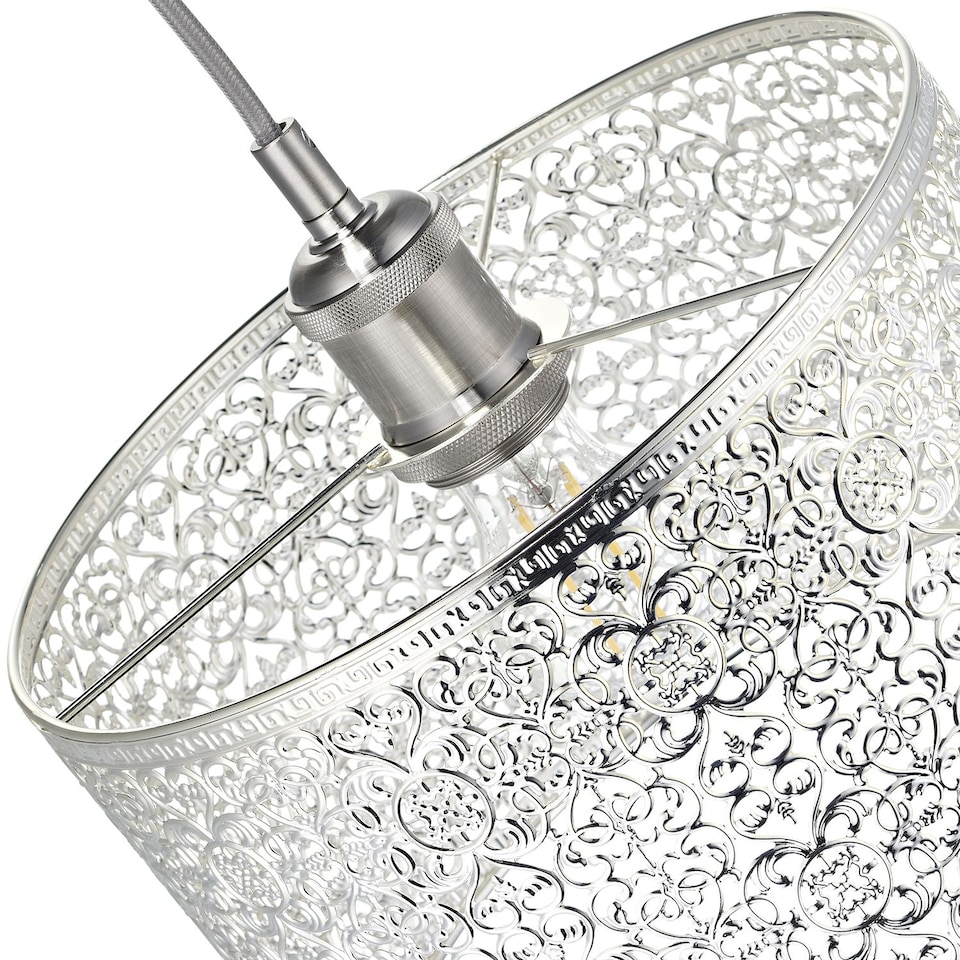 image 1 of Ornate Moroccan Style Decorated Shiny Silver Metal Pendant Shade 25cm x 15cm | Silver | Silver | 1