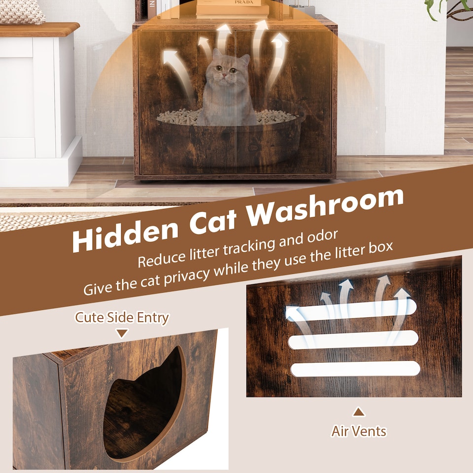 image 1 of COSTWAY Cat Litter Box Enclosure 142cm Tall Hidden Cat Washroom Furniture-Brown