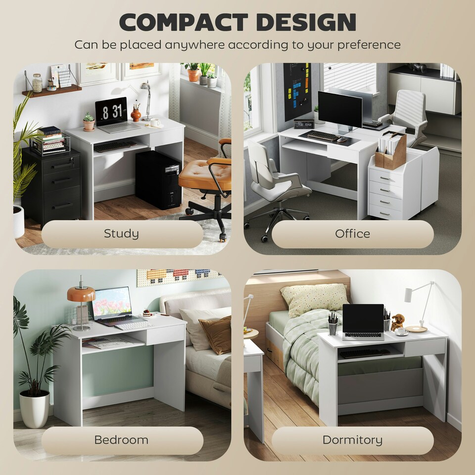 image 1 of HOMCOM Compact Computer Table with Keyboard Tray and Drawer, White | White