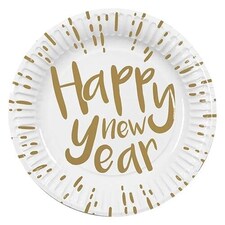 Happy New Year White and Gold Biodegradable Round Paper Plates 23cm - Pack of 10