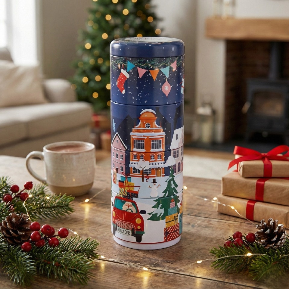image 1 of Christmas Metal Storage Mini Tins Set Nesting Stacking Containers Festive Design | Multi | Blue