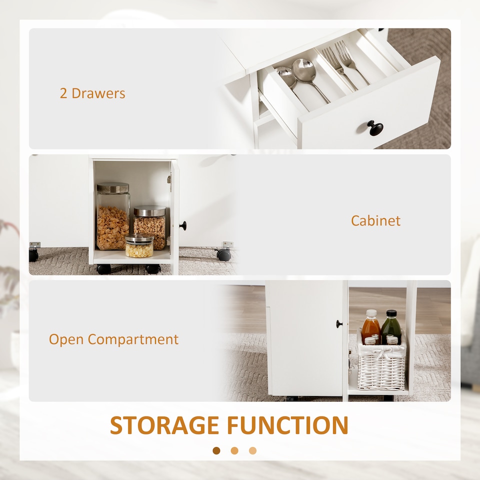 image 1 of HOMCOM Folding Dining Table for 4-6, Rolling Drop Leaf Table on Wheels with Storage Drawers, Cabinet and Open Shelf for Kitchen, Dining Room, White