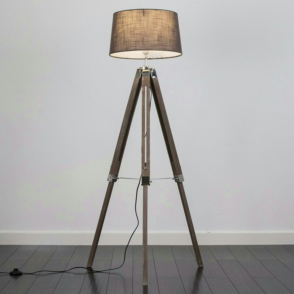 image 1 of ValueLights Clipper Wood and Silver Chrome Tripod Floor Lamp with Grey Tapered Shade - Complete with 6w LED GLS Bulb In Warm White