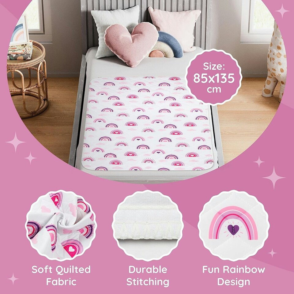 image 1 of Toddler Potty Training Bed Pads - Soft Waterproof Bedwetting Pee Protector Mat for Kids - Incontinence Mattress Sheet Absorbs Up to 2000ml - 135 x 85cm, Rainbow White | Rainbow | Double