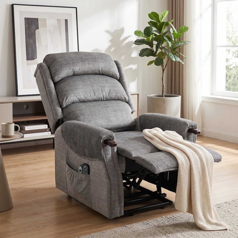 image 1 of HOMCOM Power Lift Recliner Chair with Vibration and Heat, Wood Grip