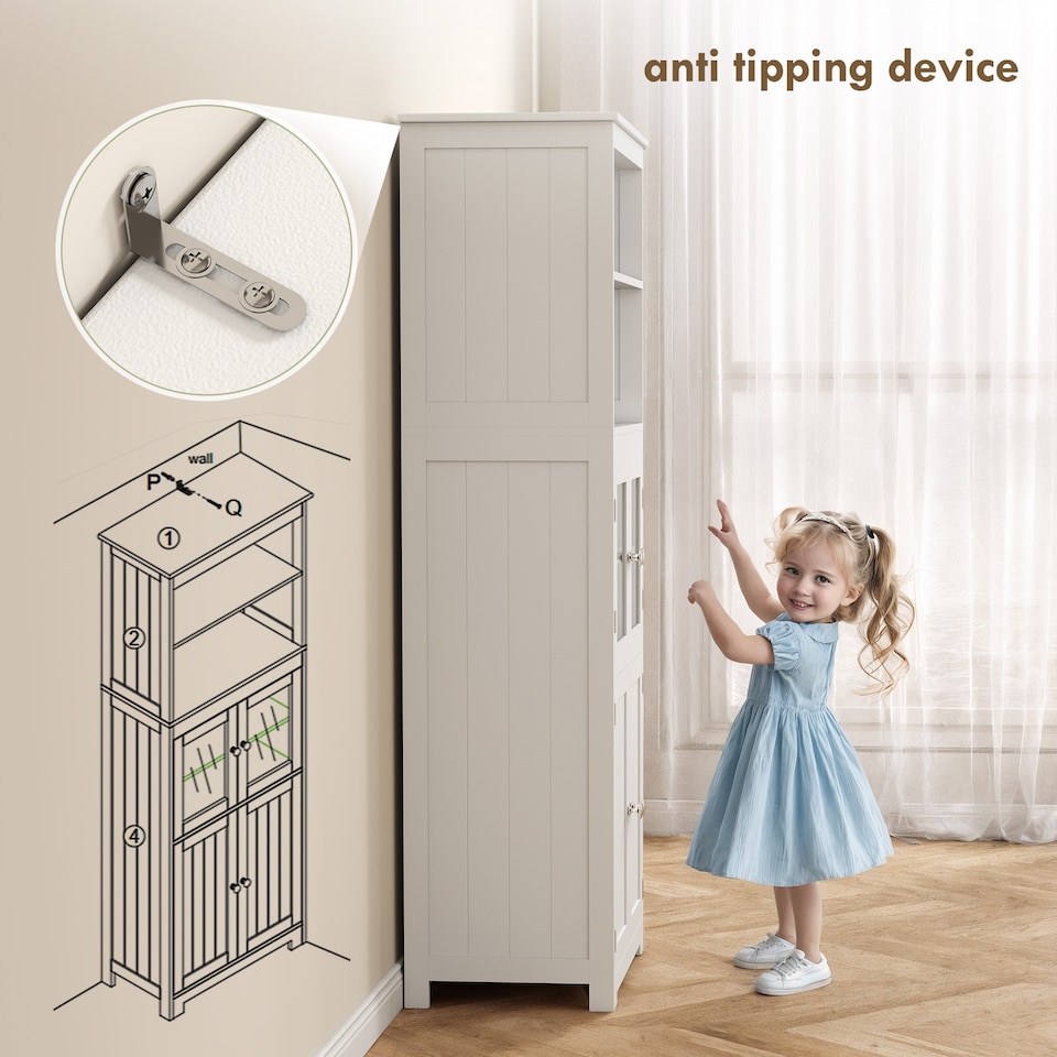 image 1 of HOMCOM Freestanding Kitchen Cupboard, 4-Door Storage Cabinet with Adjustable Shelf and Glass Doors for Dining Room, Living Room, White