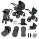 image 1 of Stomp Luxe 12pc Travel System with Cirrus i-Size Car Seat & ISOFIX Base, Carrycot, Reversible Seat, Rain Cover & More (Black/Charcoal Grey/Black)