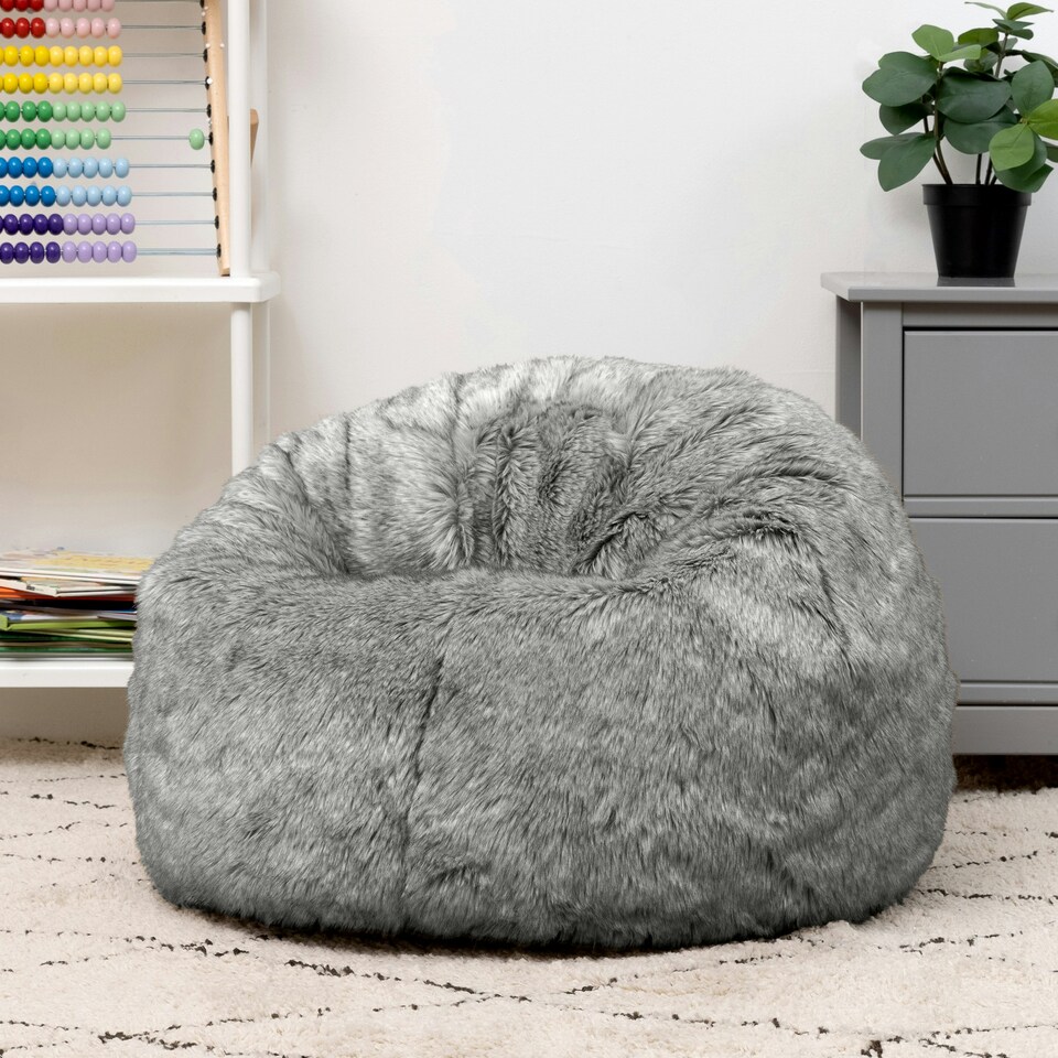 image 1 of icon Kids Classic Faux Fur Bean Bag Chair Arctic Wolf Grey Bean Bags for Children Grey