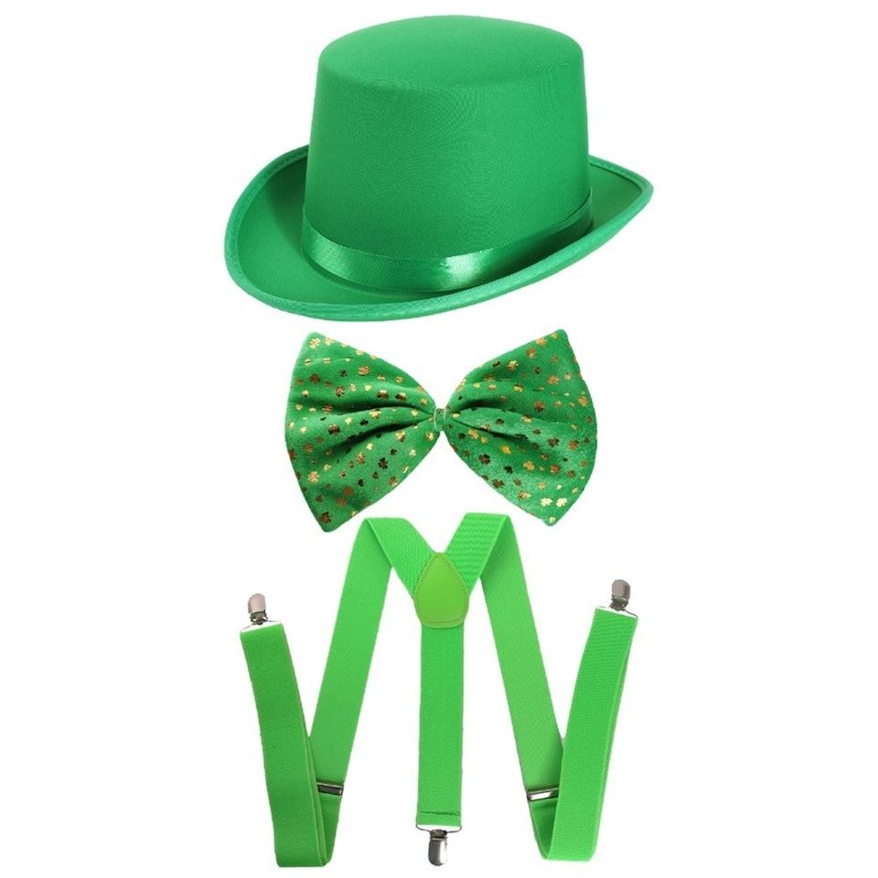 image 1 of Pack Of 2 Irish Top Hat, Bow Tie + Braces | Green | One Size