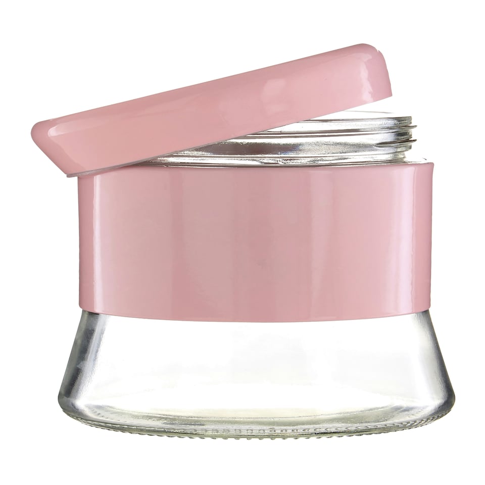 image 1 of Interiors by Premier Pink Steel Wrap Glass Storage Jar, 800ml Capacity, Modern Design with Grey Steel Lid, Kitchen Storage
