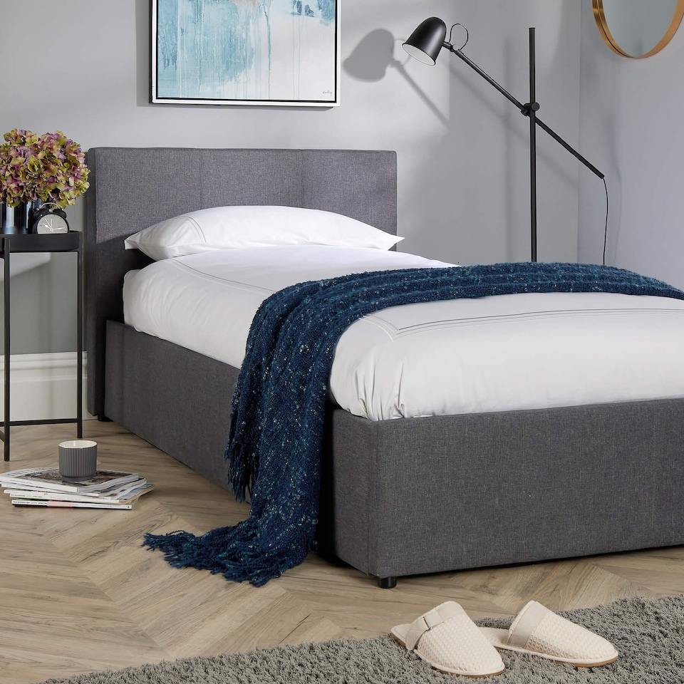 image 1 of Ottoman Side Lift Storage Bed Single Hopsack Fabric Bed Frame Gas Lift Furniture