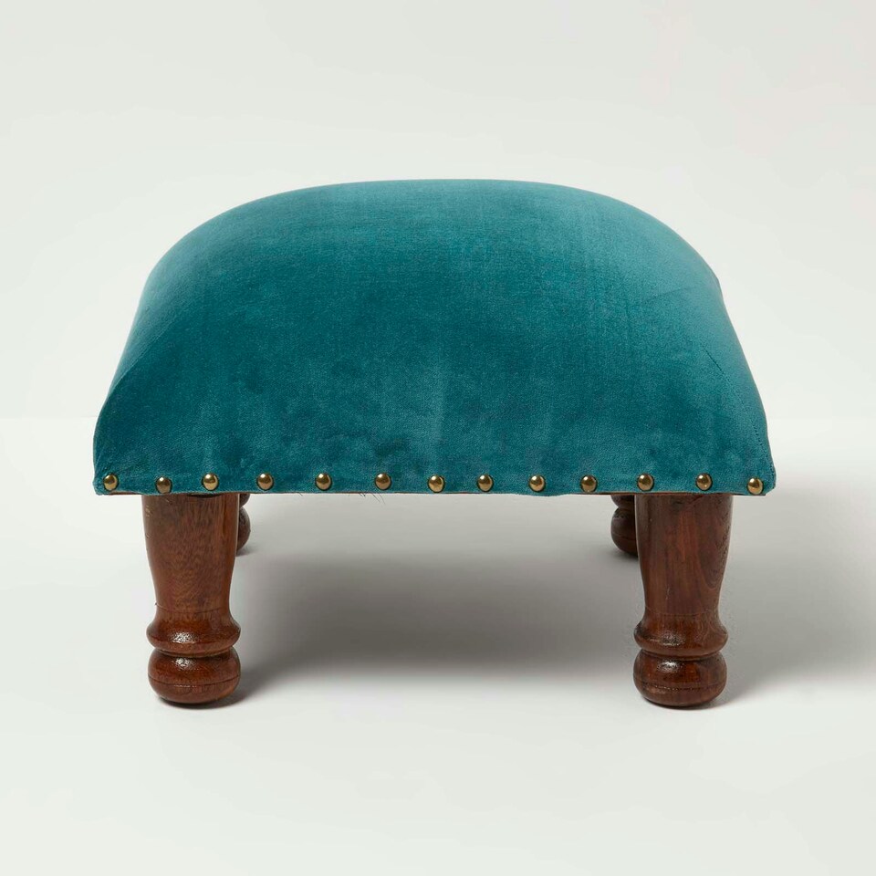 image 1 of Homescapes Mable Teal Green Velvet Square Footstool