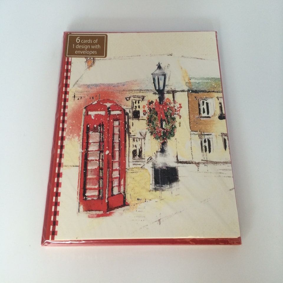 image 1 of Pack of 6 'Red Telephone & Lanterns' Design Christmas Greeting Cards