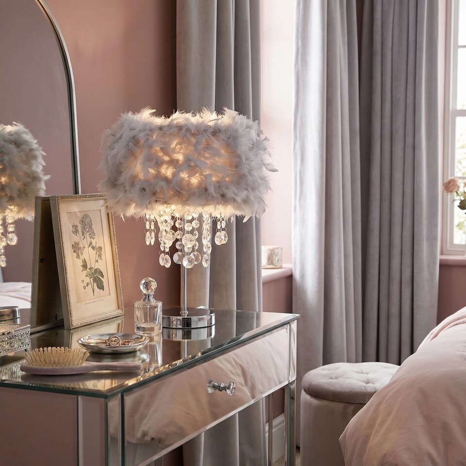 image 1 of Chandelier Style Soft Grey Feather Table Lamp with Waterfall Drops