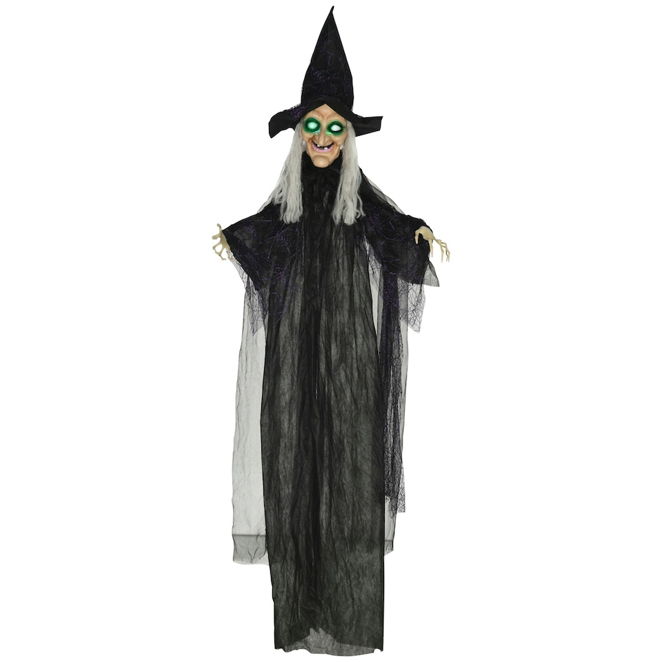 image 1 of HOMCOM Hanging Witch Prop Life Size with Light Up Eyes, Talking Sound