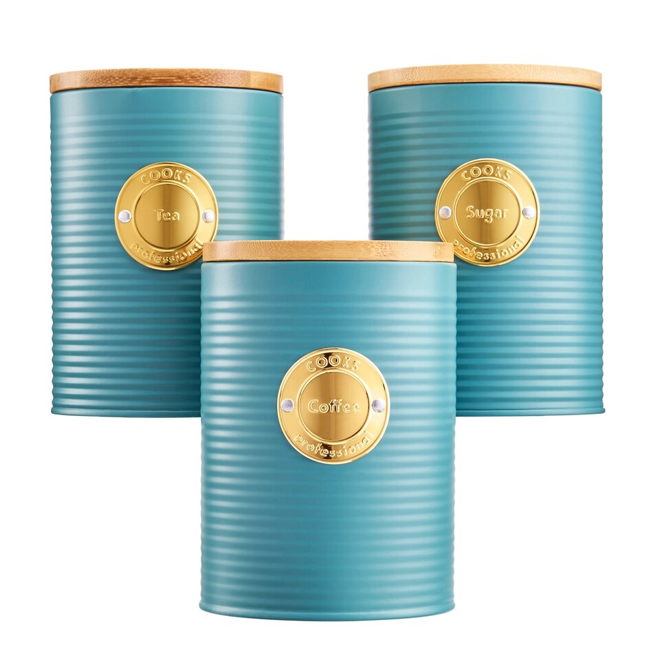 image 1 of Cooks Professional 5 Piece Ribbed Tea Coffee Sugar Bread & Biscuit Cannisters with Labels | Blue | Teal & Gold