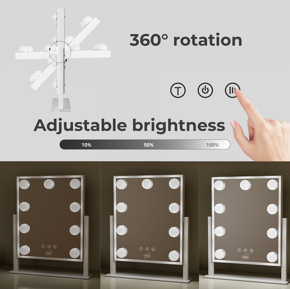 image 1 of Neo Hollywood Vanity Touch Mirror with 9 LED Bulbs Lights Makeup Lighted 360° Rotation 3 Colour Dimmable Lighting Modes